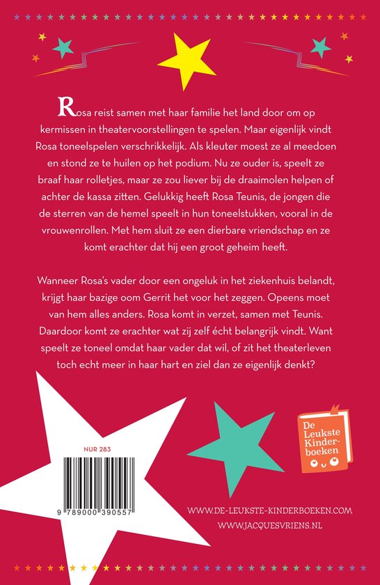 Achterkant boek 'Kermiskind' met tekst over Rosa, die op kermissen speelt en haar geheime droom. Met barcode.