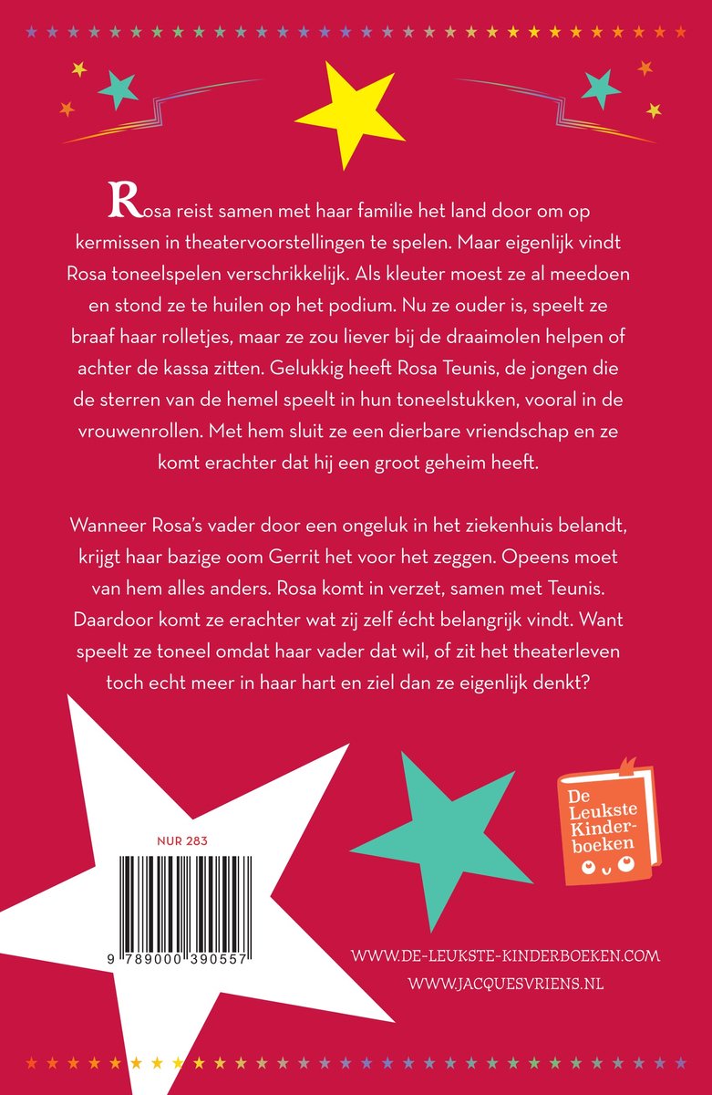 Achterkant boek 'Kermiskind' met tekst over Rosa, die op kermissen speelt en haar geheime droom. Met barcode.