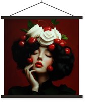 Posterhanger incl. Poster 60x60 cm - Schoolplaat - Vrouw - Kersen - Slagroom - Textielposter - Zwarte latten