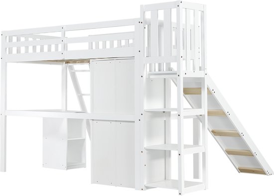 Lit mezzanine Sweiko - 90x200 cm - avec table + armoire + toboggan - Pin + MDF - Wit