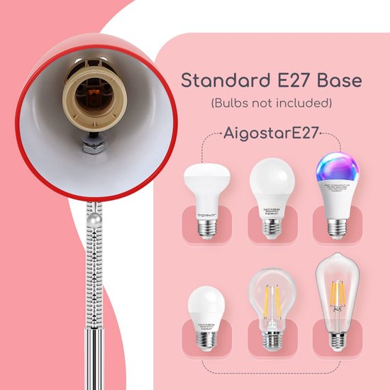 De binnenkant van een rode lampenkap met een E27-fitting, met voorbeelden van verschillende E27-lampen.