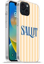 Telefoonhoesje Geschikt voor iPhone 15 hoesje - Salut - Quote - Strepen - Geel - Blauw - Wit - Siliconen Telefoonhoesje Telefoonhoesje