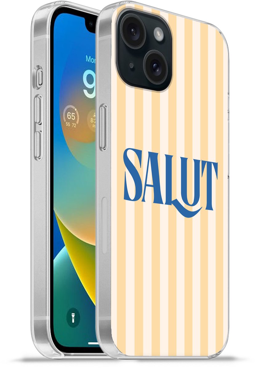 Telefoonhoesje Geschikt voor iPhone 15 hoesje - Salut - Quote - Strepen - Geel - Blauw - Wit - Siliconen Telefoonhoesje Telefoonhoesje