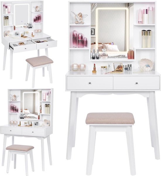 EUGAD 0025SZT Make-uptafel met spiegel, kruk, kaptafel met laden, groot tafelblad, 100 x 40 cm, moderne make-uptafel voor slaapkamer, wit