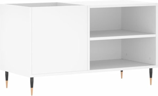Bikoney Platenkast met 3 Lagen Vinylopslag en Gitaarstandaard, Platenspeler Tafel met Versterkerrek voor Akoestische, Elektrische of Basgitaar – Wit
