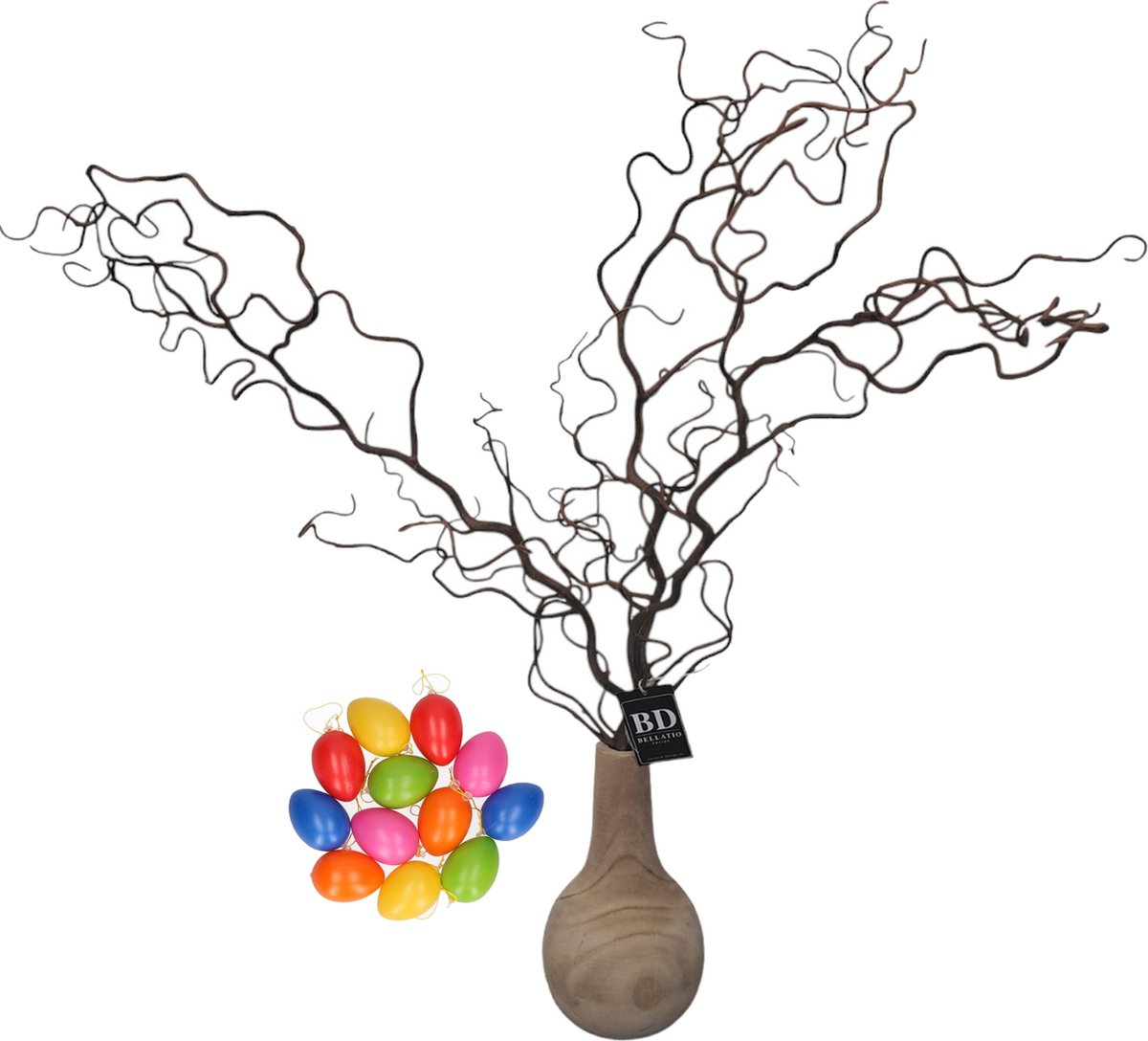 Bellatio Design Kronkelhazelaar kunst paastak - incl paaseieren - 87 cm - paasdecoratie kunsttakken multi
