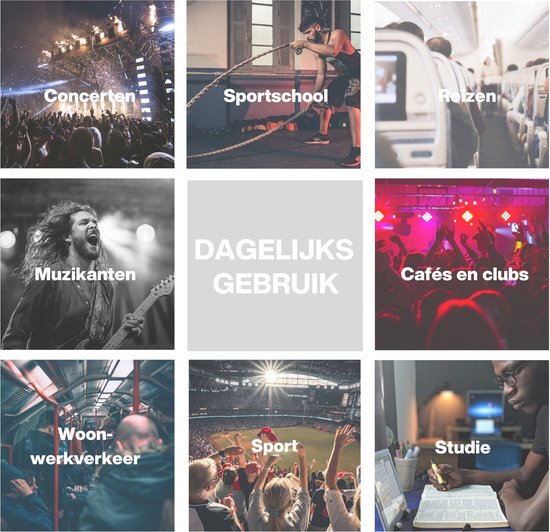 Collage met negen afbeeldingen die situaties tonen waarin EarPeace oordopjes gebruikt kunnen worden, zoals concerten, sportschool, reizen en cafés.