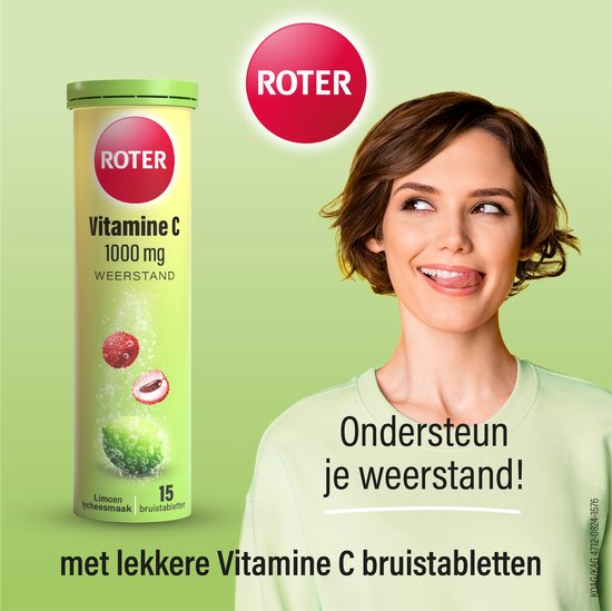 Roter Vitamine C 1000 mg bruis - Ondersteunt je natuurlijke weerstand - Suikervrij - Vegan - Met lekkere frisse limoen-lycheesmaak - 15 bruistabletten