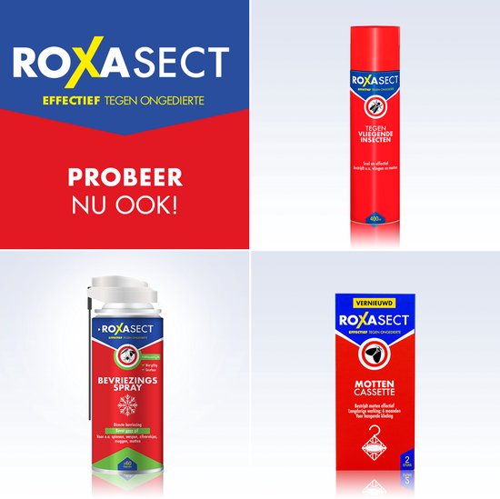 Collage van Roxasect producten: spuitbus tegen vliegende insecten, vries-spray en motten cassette.