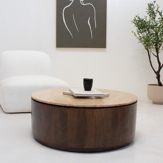 Giga Meubel Salontafel Elan Rond - Travertin - Walnoot - 90x90x35cm