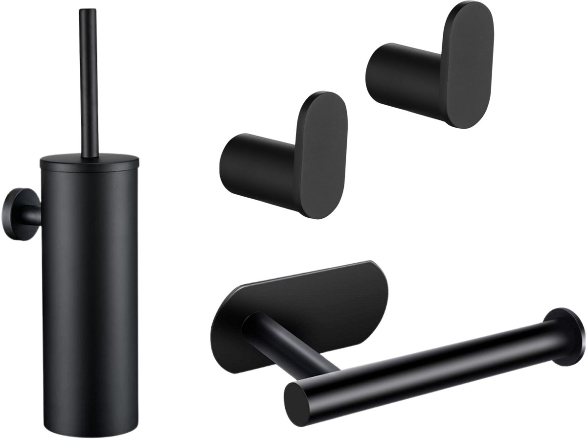 Toilet Accessoires Set Zwart - Toiletset 3-delig - Toiletrolhouder - Toiletborstel - Handdoekhaak