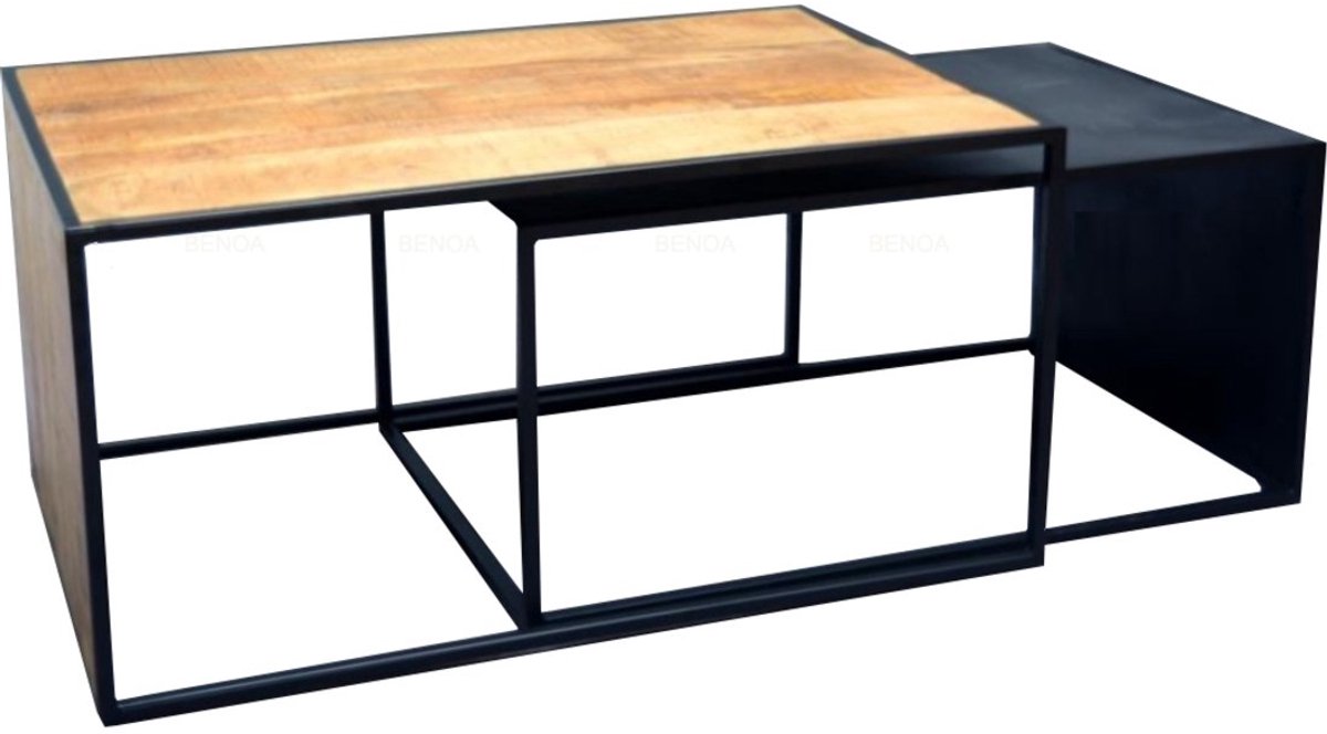 Salontafelset Rechthoek set van 2 - Mangohout Zwart - Bijzettafels Set van 2 - Salontafel Zwart Vierkant - Bijzettafeltjes Woonkamer - Salon Tafel Mangohout - Salontafel industrieel Landelijk - Tafeltje Set 2 stuks