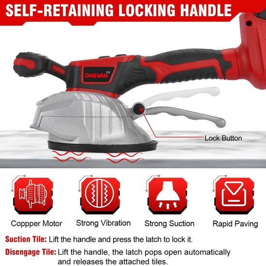 Porte-carreaux électrique 200 kg – Puissance 3 500 W – 2 batteries – 8 vitesses – Vibrations 72 000 tr/min – Poignée ergonomique – Longue durée de vie de la batterie – Rapide et précis – Pose de carrelage sans effort