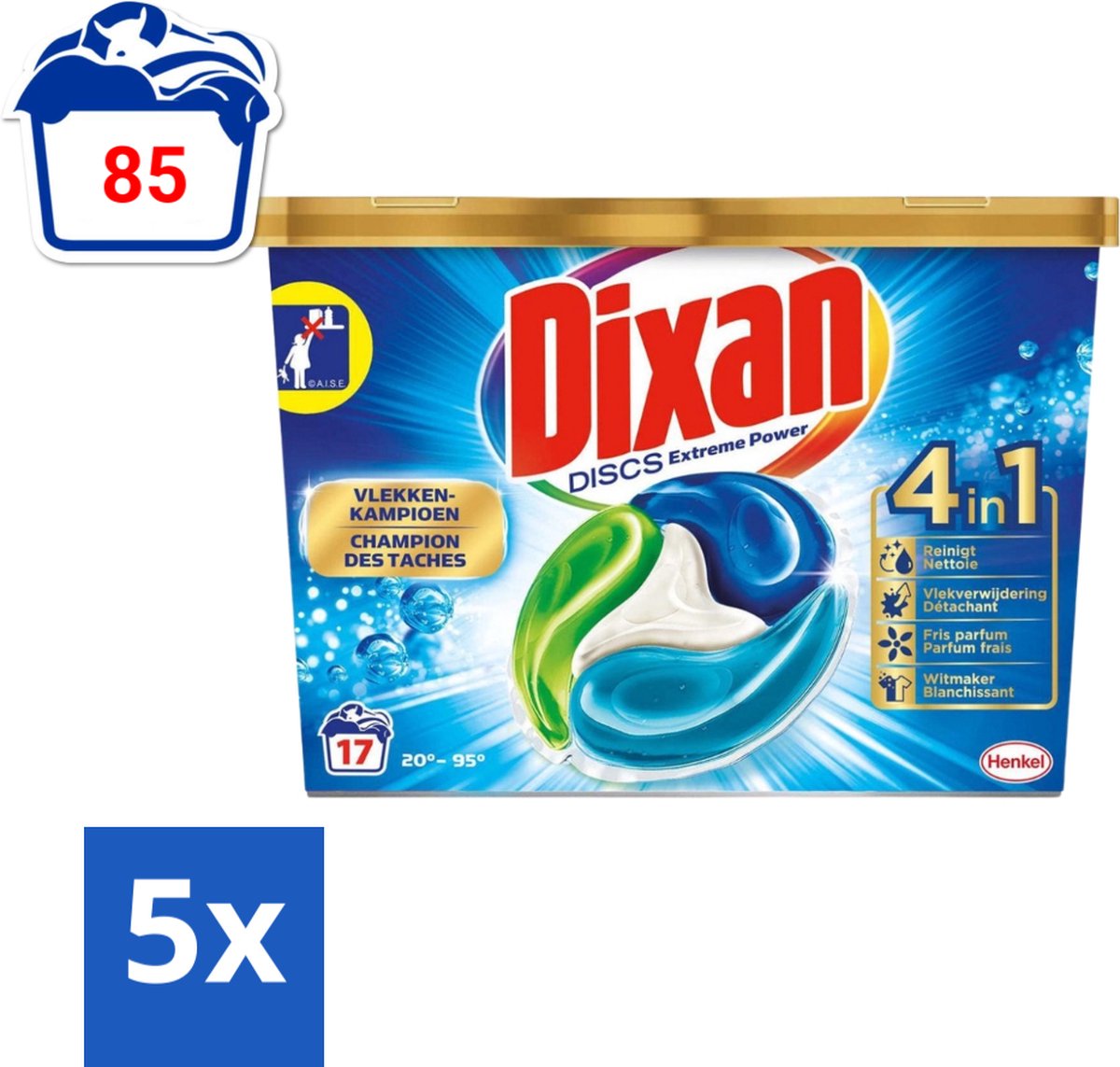 5 x Dixan Discs - Wasmiddelcapsules en Vlekverwijderaar - Extreme Power - Witte, Gekleurde & Zwarte Was - 17 Wasbeurten - Wasmiddelcapsules - Vlekverwijderaar - Wasmiddel - Wasbeurt - Wasmachine