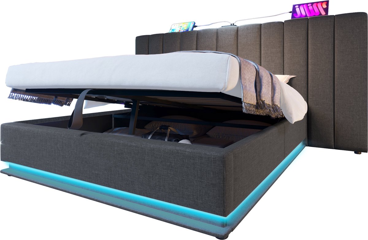 Merax Gestoffeerd Bed 160x200 cm – Bed met Opbergruimte - LED Verlichting met App Control - USB-C Oplaadfunctie - Inclusief Lattenbodem en Matras - Grijs