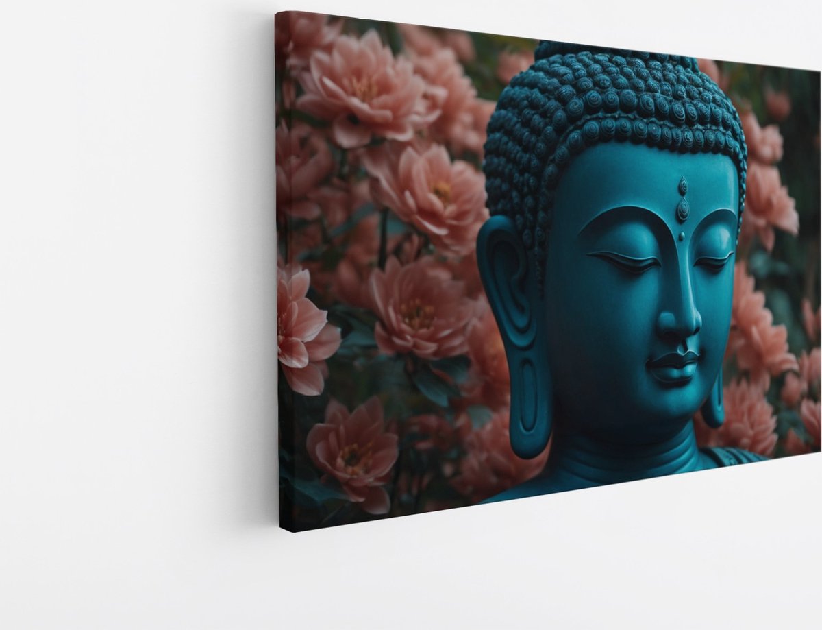 Saammp Canvas Schilderij - Boeddha in bloementuin - 40x30 - Foto op canvas - Wanddecoratie - Muurdecoratie Woonkamer - Canvas schilderijen Multicolor