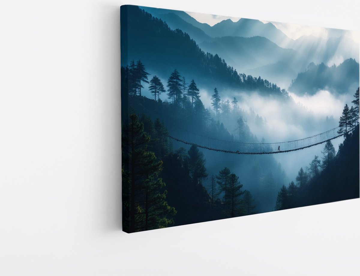 Saammp Canvas Schilderij - Natuur - Hangbrug - landschap - 120x80 - Foto op canvas - Wanddecoratie - Muurdecoratie Woonkamer - Slaapkamer decoratie - Canvas Print Multicolor