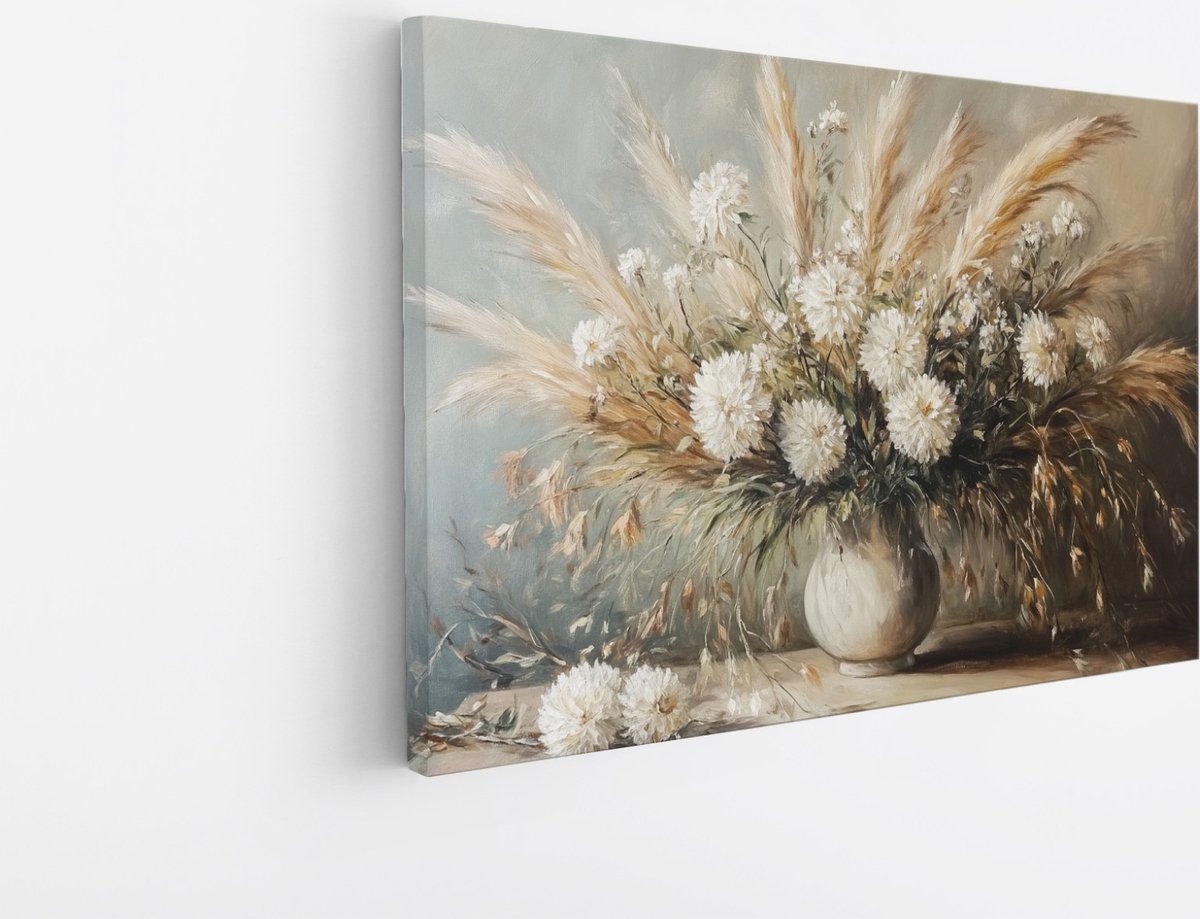 Saammp Canvas Schilderij - Witte bloemen in beige vaas - Natuur - Abstract - 90x60 - Foto op canvas - Wanddecoratie - Muurdecoratie Woonkamer - Woonkamer Decoratie Multicolor
