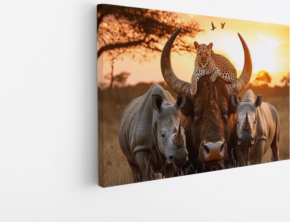 Saammp Canvas Schilderij - Buffel met neushoorns en panter - Dieren - Abstract - 50x40 - Foto op canvas - Wanddecoratie - Muurdecoratie Woonkamer - Slaapkamer decoratie - Canvas Print Multicolor