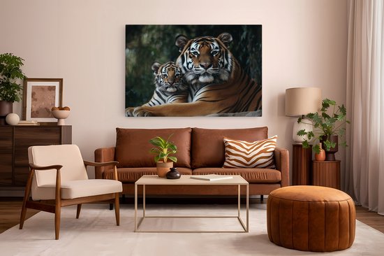 Saammp Canvas Schilderij - Tijger welp met moeder - Natuur - Dieren - 150x100 - Foto op canvas - Wanddecoratie - muurdecoratie Woonkamer - Slaapkamer decoratie - Canvas Print
