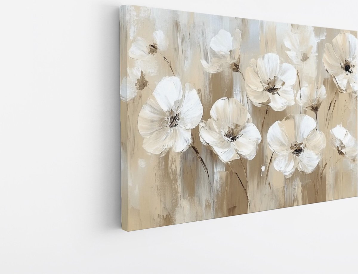 Saammp Canvas Schilderij -Witte Abstracte Bloemen - Natuur - Kunst - 50x40 - Foto op canvas - Wanddecoratie - Muurdecoratie Woonkamer - Kantoor Decoratie Multicolor