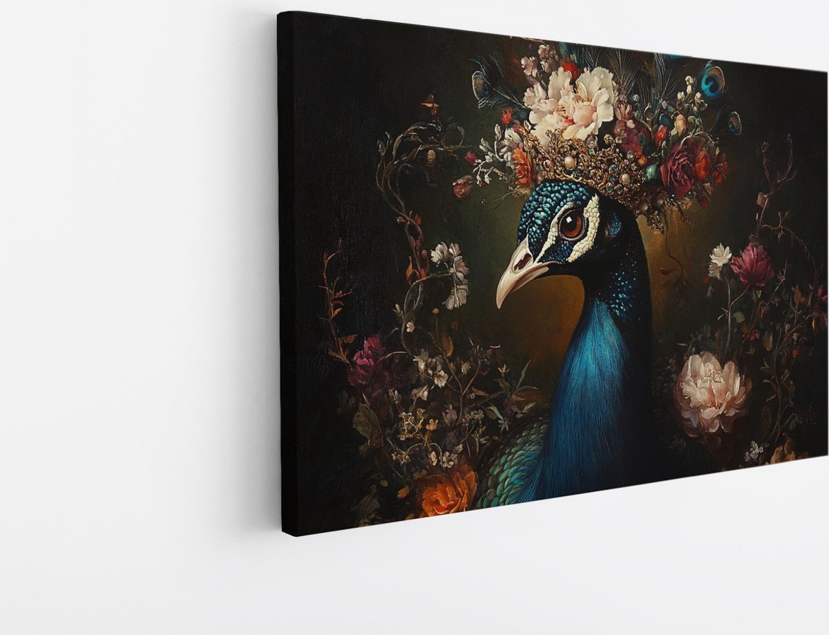 Saammp Canvas Schilderij - Pauw met kroon - Bloemen - Dieren - Natuur - 50x40 - Foto op canvas - Wanddecoratie - muurdecoratie Woonkamer - Slaapkamer decoratie - Canvas Print Multicolor