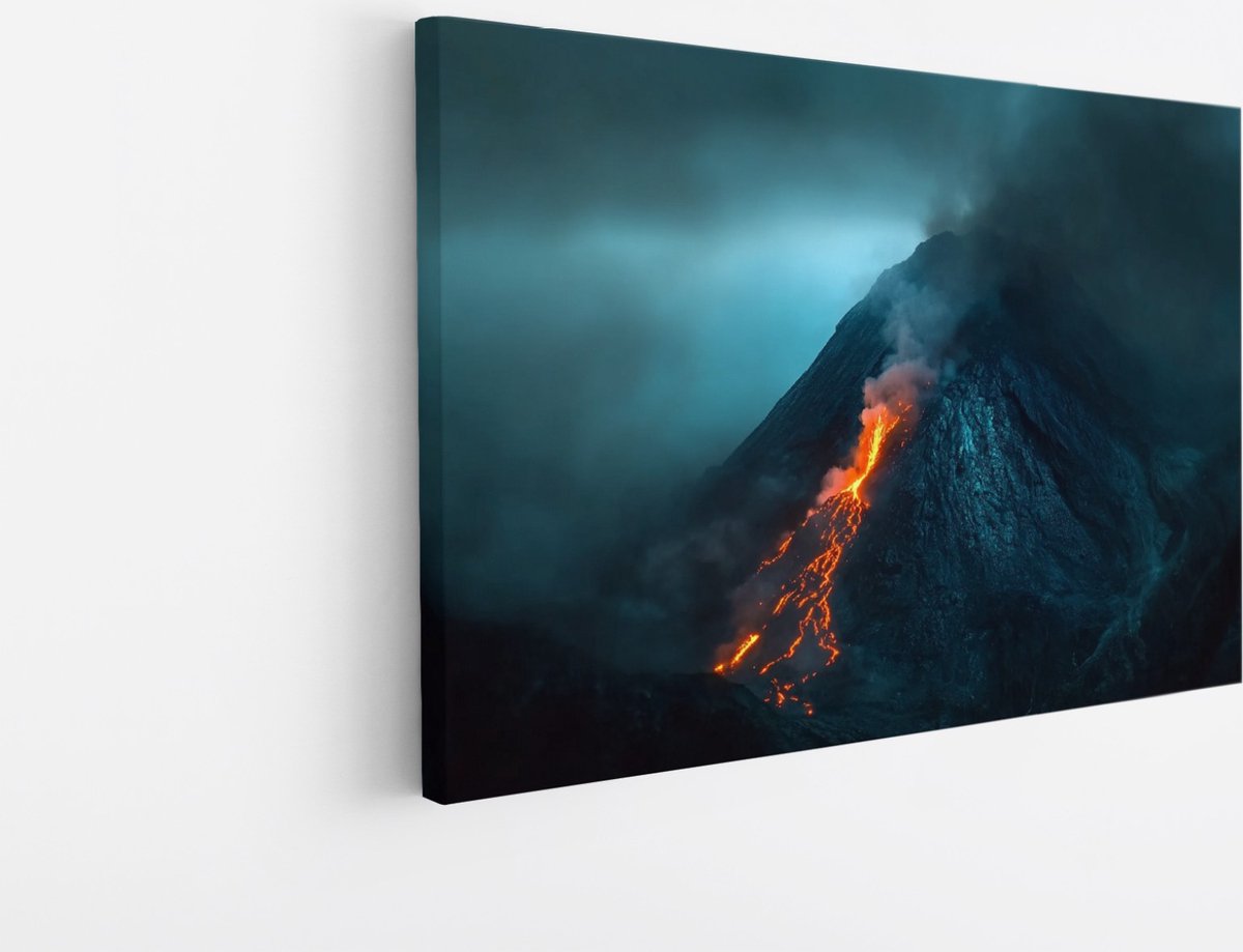 Saammp Canvas Schilderij - Stromende lava vanuit een vulkaan - Natuur - Landschap - 100x75 - Foto op canvas - Wanddecoratie - Muurdecoratie Woonkamer - Slaapkamer decoratie - Canvas Print Multicolor