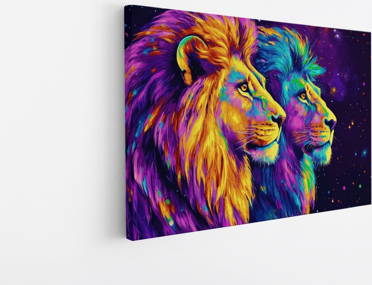 Saammp Canvas Schilderij - Twee Abstracte Leeuwen - Dieren - Natuur - 150x100 - Foto op canvas - Wanddecoratie - Muurdecoratie Woonkamer - Slaapkamer decoratie - Canvas Print Multicolor