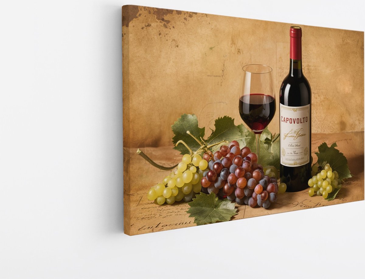 Saammp Canvas Schilderij - Wijn met druiven - Stilleven - 70x50 - Foto op canvas - Wanddecoratie - Muurdecoratie keuken - Slaapkamer decoratie - Canvas Print Multicolor