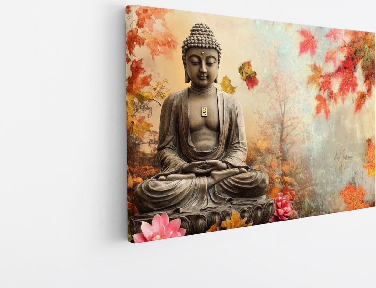 Saammp Canvas Schilderij - Boeddha met vlinders en herfst bladeren - Abstract - 30x20 - Foto op canvas - Wanddecoratie - Muurdecoratie Woonkamer - Canvas schilderijen Multicolor