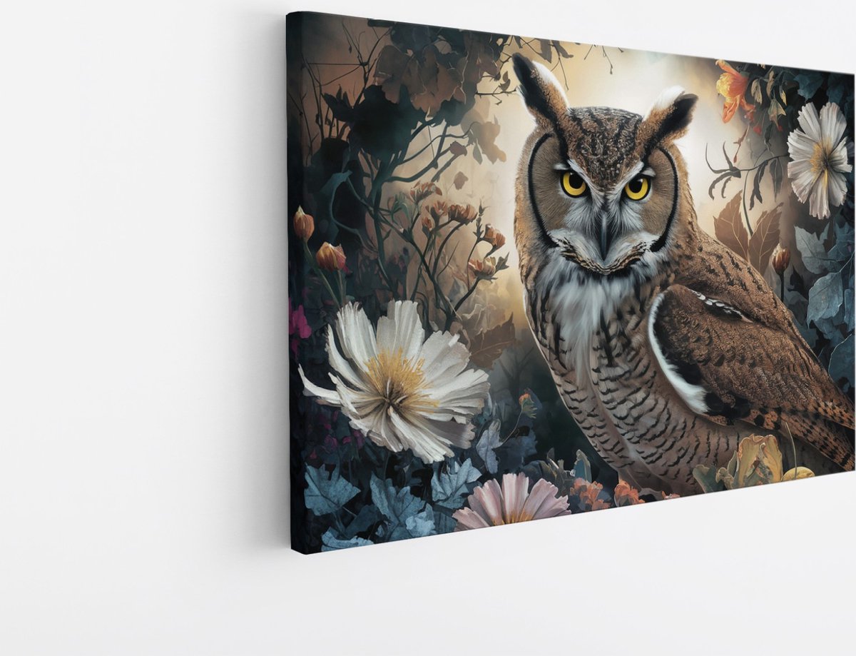 Saammp Canvas Schilderij - Uil tussen de bloemen - Natuur - Dieren - 100x75 - Foto op canvas - Wanddecoratie - Muurdecoratie Woonkamer - Slaapkamer decoratie - Canvas Print Multicolor