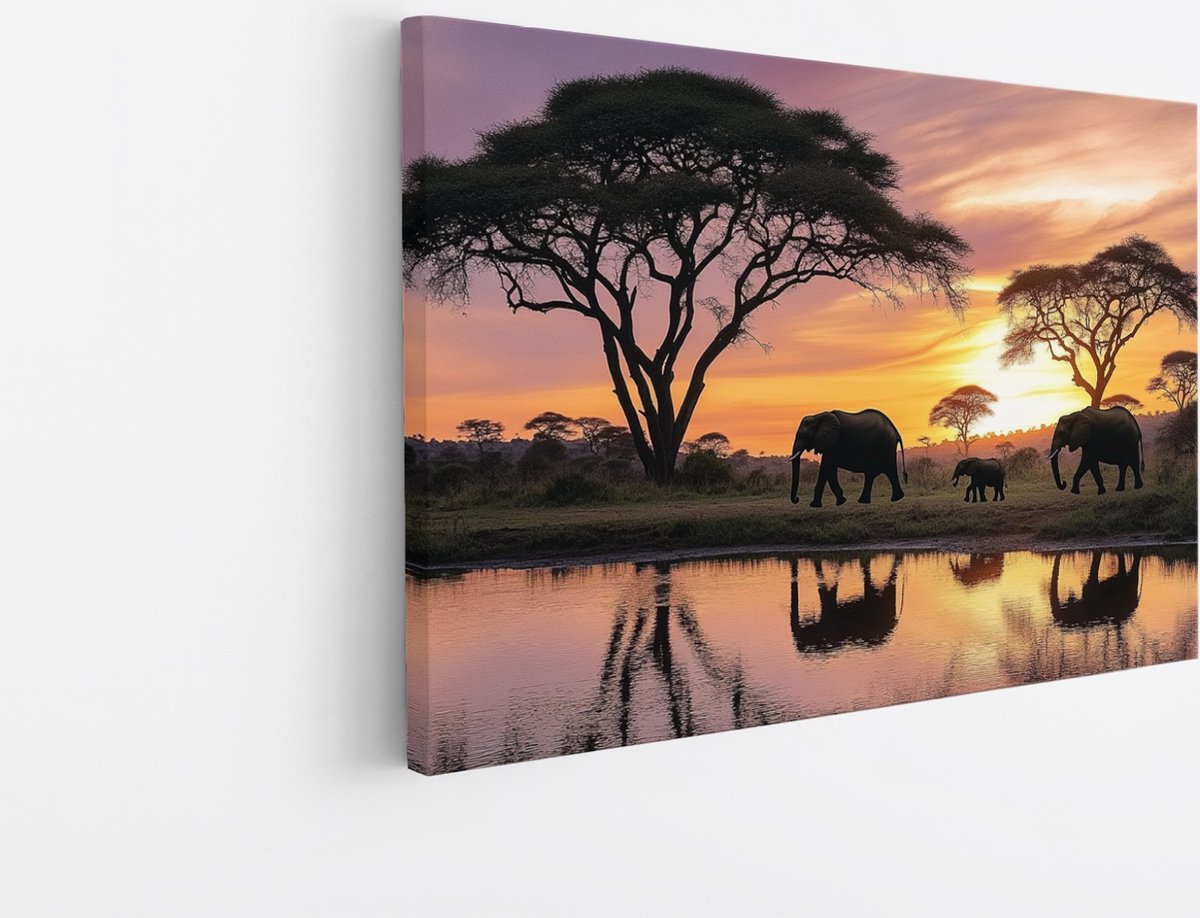 Saammp Canvas Schilderij - Olifanten familie met kalf - Zonsondergang - Dieren - 90x60 - Foto op canvas - Wanddecoratie - muurdecoratie Woonkamer - Slaapkamer decoratie - Canvas Print Multicolor