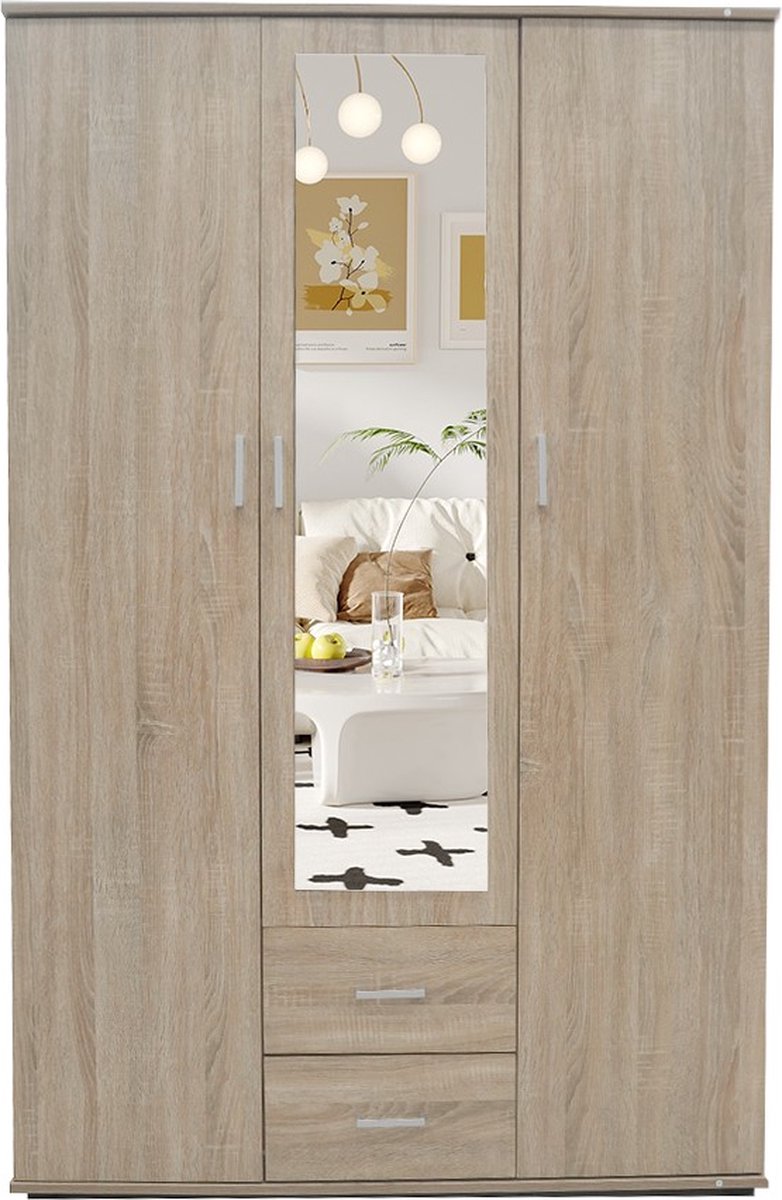 Interiax Kledingkast 'Lena' – 3 Deuren, 2 Lades, 1 Hanger, Spiegel & 4 Legplank | Sonoma Eik | 185x120x52cm