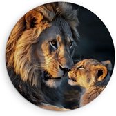Saammp Muurcirkel Hout - Leeuw met welp - Liefdevol - Dieren - Natuur - Ø 50 - Wandcirkel - Wanddecoratie Cirkel - Muurdecoratie Woonkamer - Slaapkamer decoratie - Rond Schilderij