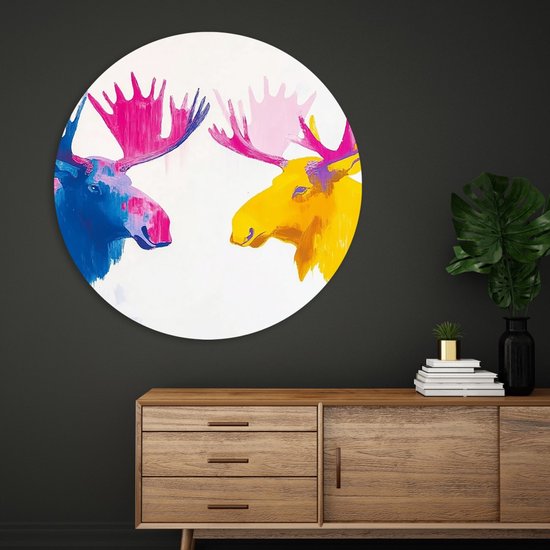 Saammp Muurcirkel Hout - 2 elanden- Natuur - Dieren - Ø 50 - Wandcirkel - Wanddecoratie Cirkel - Muurdecoratie Woonkamer - Slaapkamer decoratie - Rond Schilderij