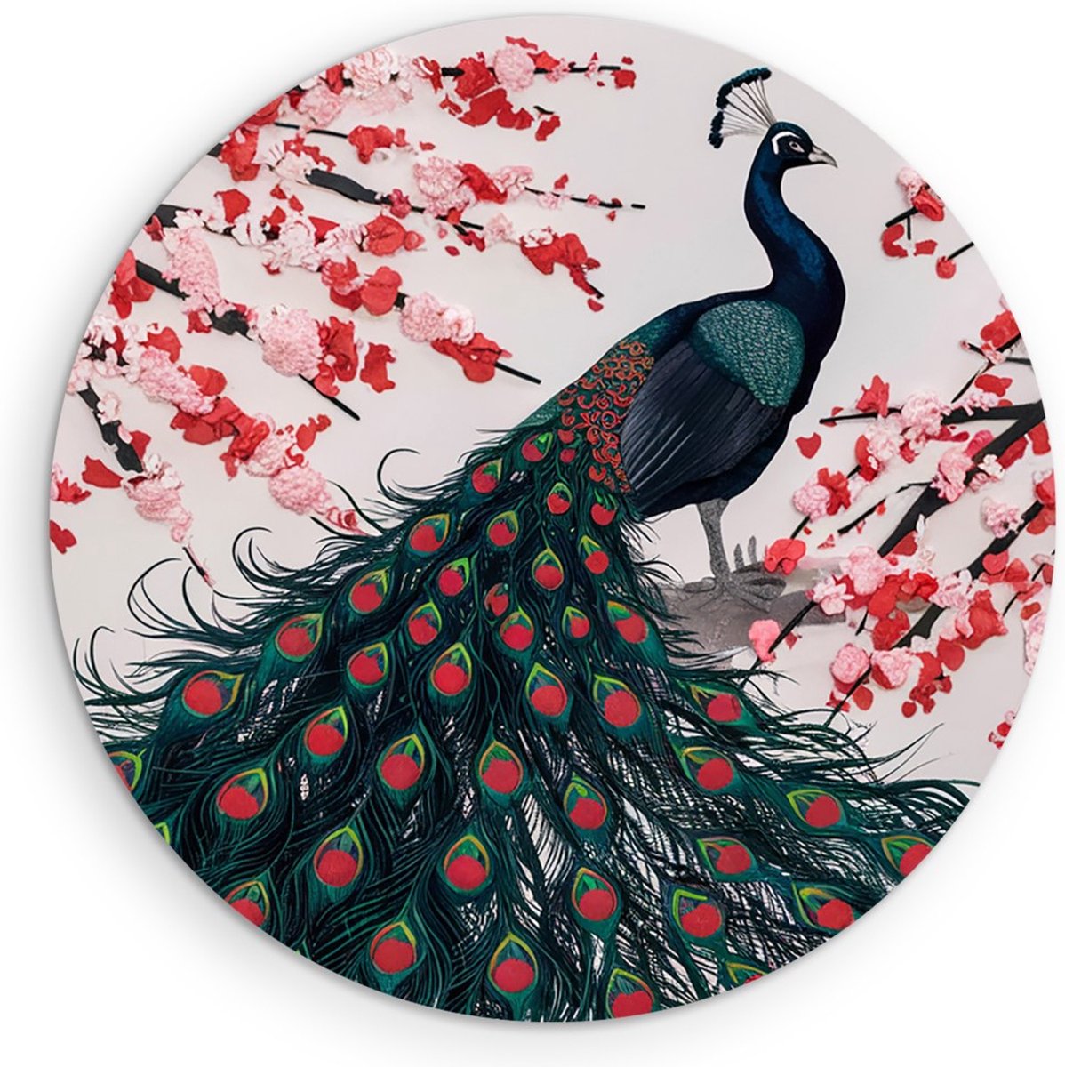 Saammp Forex Muurcirkel - Pauw tussen de Rode bloemen - Dieren - Natuur - Ø 70 - Wandcirkel - Wanddecoratie Cirkel - muurdecoratie Woonkamer - Slaapkamer decoratie - Rond Schilderij