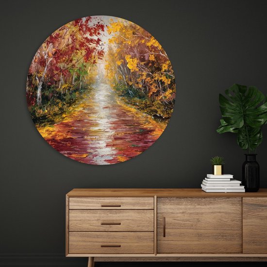 Saammp Muurcirkel Hout - Abstract Herfstachtig Bospad - Landschap - Natuur - Ø 30 - Wandcirkel - Wanddecoratie Cirkel - Muurdecoratie Woonkamer - Slaapkamer decoratie - Rond Schilderij