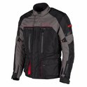 Zwarte en grijze motorjas met rode accenten en DXR-logo op de borst.