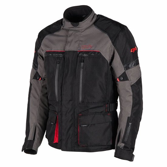 Zwarte en grijze motorjas met rode accenten en DXR-logo op de borst.