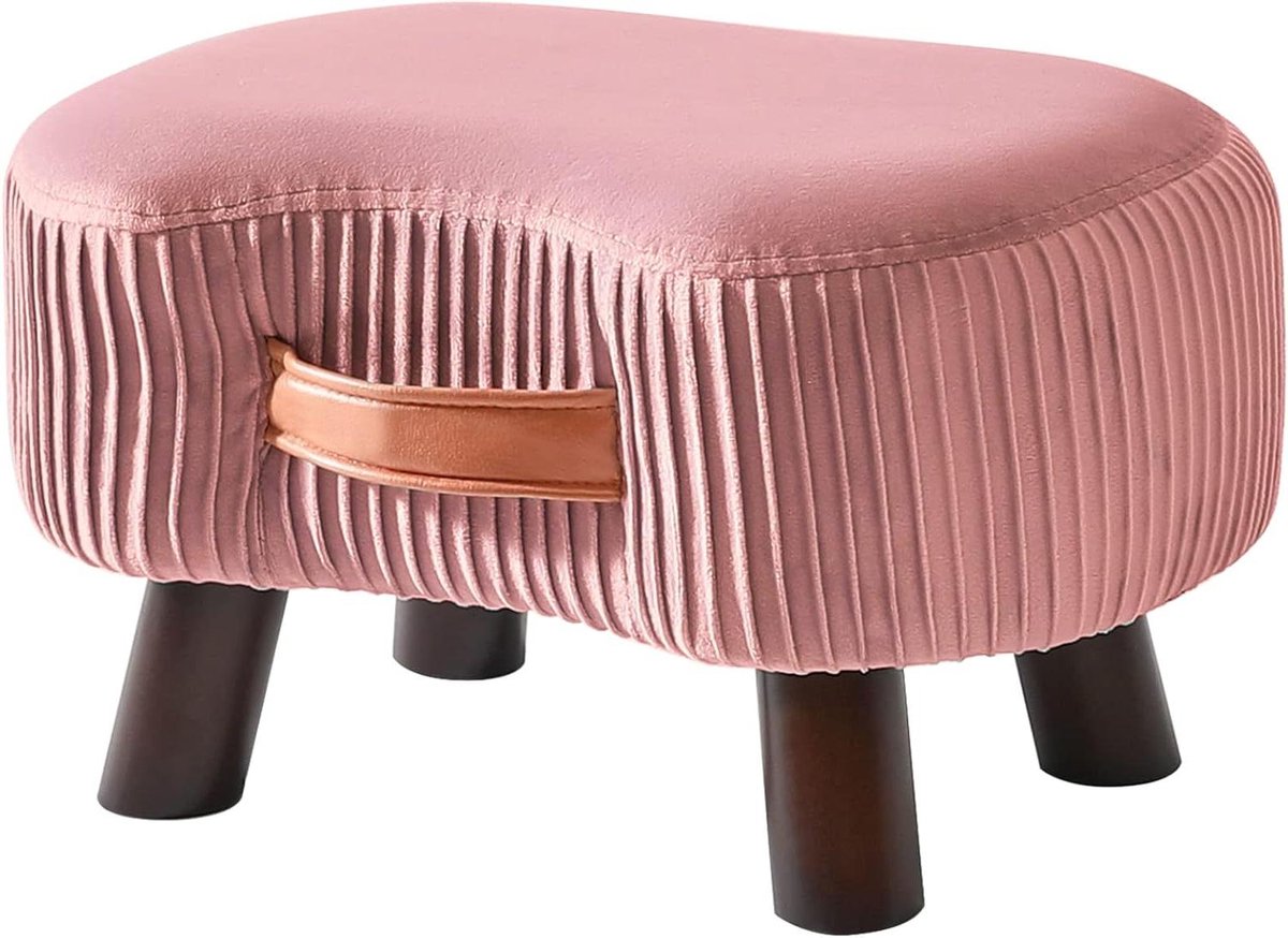 Zitbank met handvat - opstapkruk met zacht zitkussen - gebogen - fluweel - massief hout - roze - ruimtebesparend - woonkamer slaapkamer - 40 x 28 x 23 cm