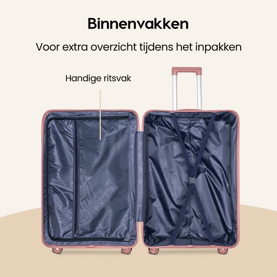 Lichtroze koffer met openklapbaar interieur, navy voering met ritsvak en spanbanden.