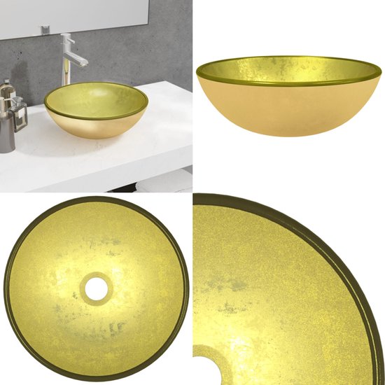 Quatre images d'une vasque dorée. Une en contexte sur un meuble-lavabo, une isolée, une vue de dessus et un détail.
