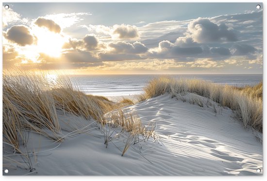 Tuinposter 120x80 cm - Tuindecoratie Zonsondergang - Duinen - Planten - Natuur - Strand - Poster voor in de tuin - Buiten decoratie - Schutting tuinschilderij - Tuindoek muurdecoratie - Wanddecoratie balkondoek