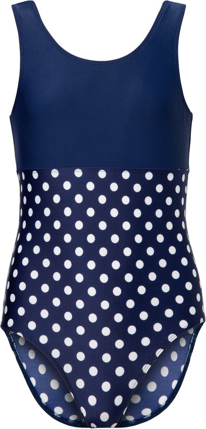 Maillot de bain bleu foncé avec imprimé à pois blancs et haut bleu foncé.
