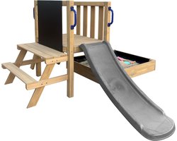 AXI Leah Mini Speeltoren met Zandbak en Picknicktafel – Grijze Glijbaan – Met Krijtbord – FSC hout – Klein speeltoestel voor de tuin / buiten