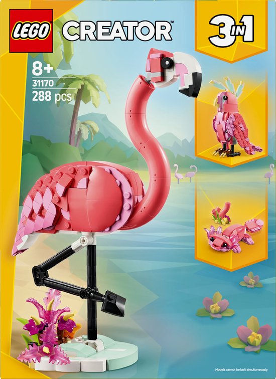 Doos LEGO Creator 3in1 31170: een roze flamingo, papegaai en axolotl.