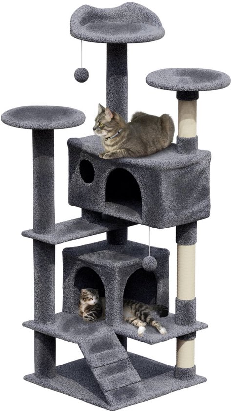 FUKUMARU Hoge kattenboom, 5 niveaus, kattentoren van vloer tot plafond, aan de muur te monteren kattenkrabpaal, simulatie van buitenleven, geschikt voor katten, klimmen, krabben, uitkijken en spelen