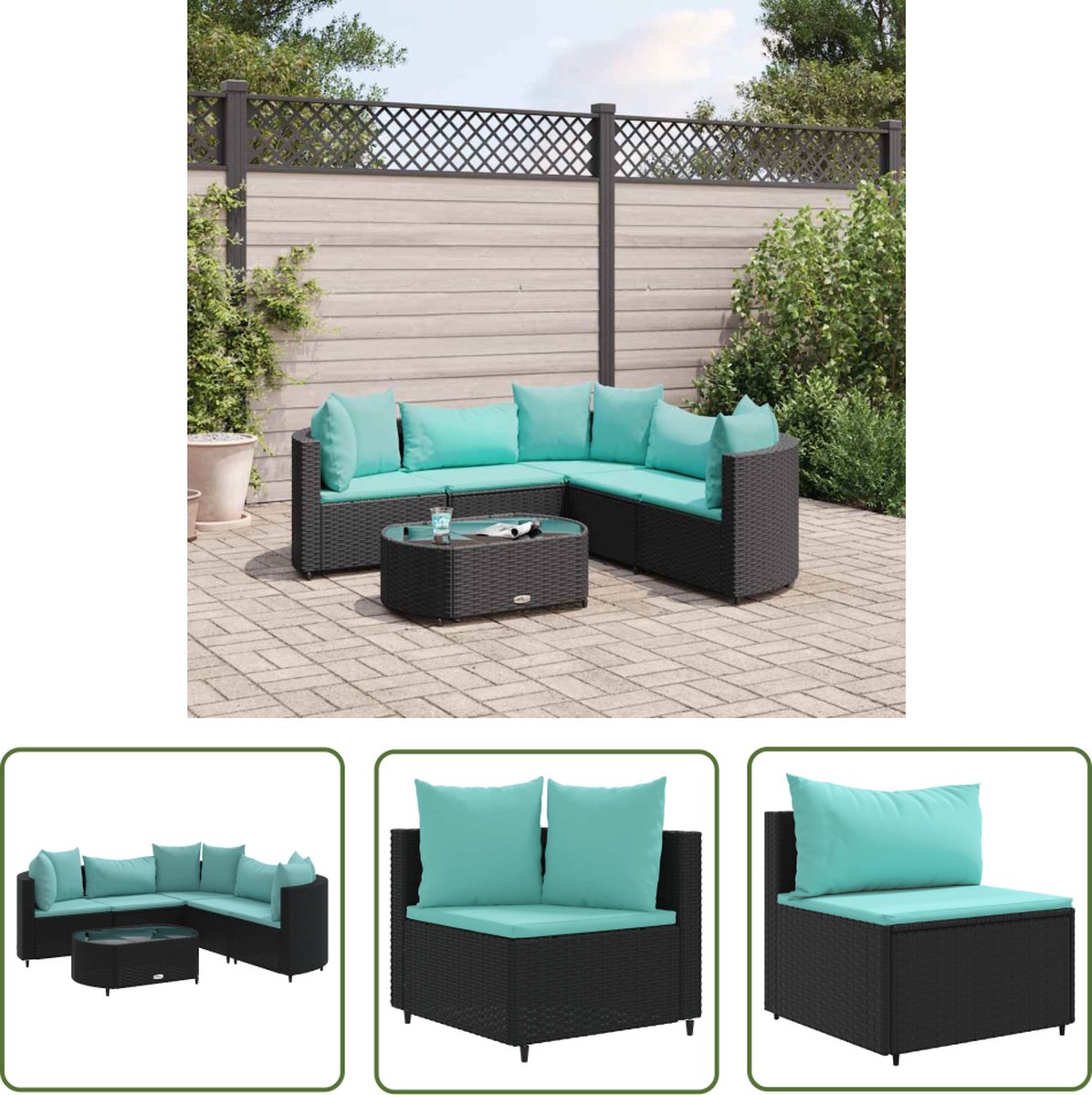 The Living Store 6-delige Loungeset met kussens poly rattan zwart - Loungeset - Lounge Set - Tuinlounge - Buitentijnen - Loungemateriaal