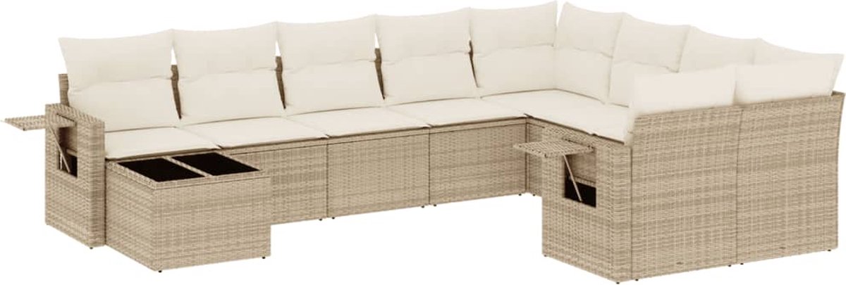 The Living Store 10-delige Loungeset met kussens poly rattan beige - Loungebank - Tuinstoel - Lounge Set - Buitendecoratie - Outdoor Furniture