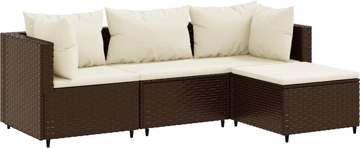Poly rattan loungeset in bruin met kussens voor tuindecoratie - The Living Store.